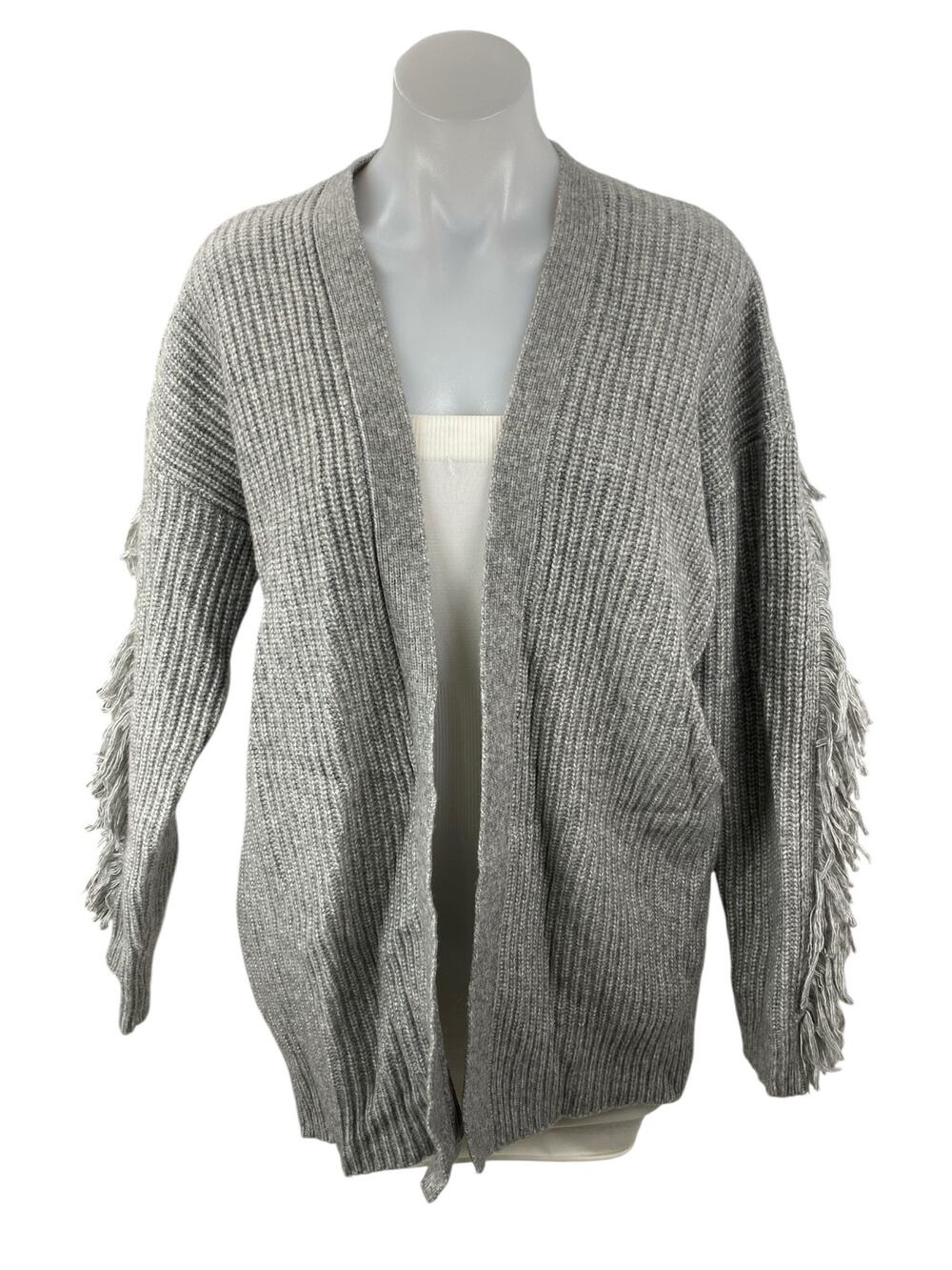 Tularosa Womens Gray Fringe Ribbed Knit  Long Sleeve Open Cardigan Sweater Top S